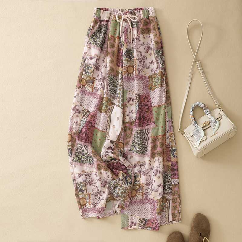 Women's High Waisted Floral Print Wide Leg Pants Linen Cotton Blend Casual Trousers