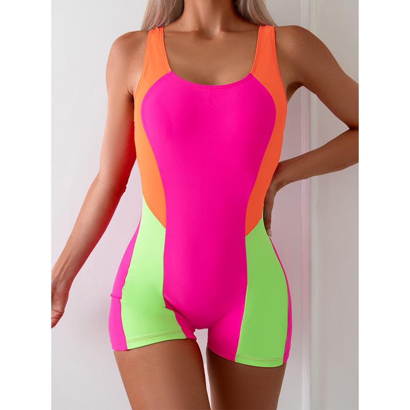2024 Tri-Color Contrast One-Piece Competitive Swimsuit Shorts - Euro-American Style