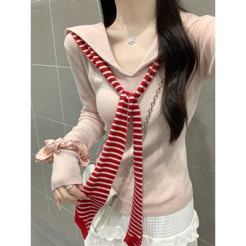 Kumikumi Sweet Style Contrast Color Striped Fake Two Pieces Long Sleeves Knitwear Female Autumn Slimming Easiest for Match Chic Tops