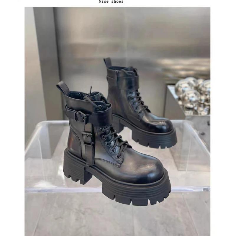 Black Punk Ankle Thick-Soled Motorcycle Ankle Boots Women'S Lace-Up Spring Thick Heel Belt Buckle Pocket Designer Chunky Shoes