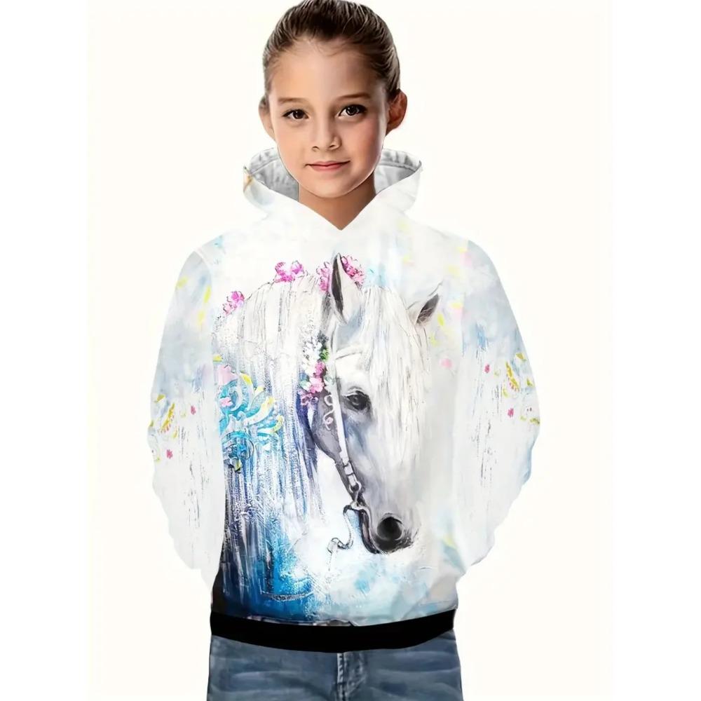 Autumn 3D Horse Printed Hoodies Fashionable Casual Sports Cool Long Sleeved Children's Girl Hooded Sweatshirts