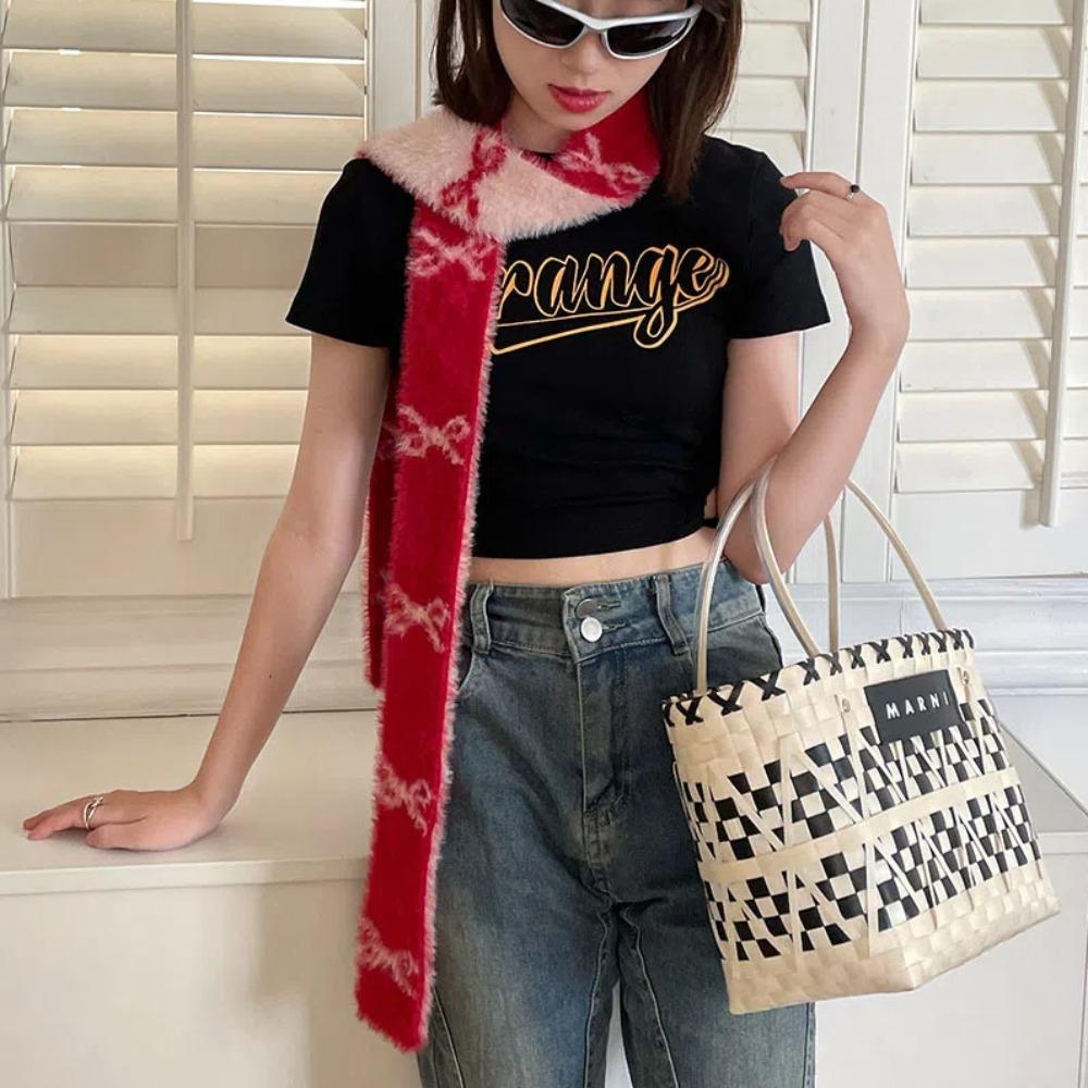 Long Bow Knitted Neckerchief Slender Color Blocked Neck Cover Y2k Double-sided Scarf Autumn