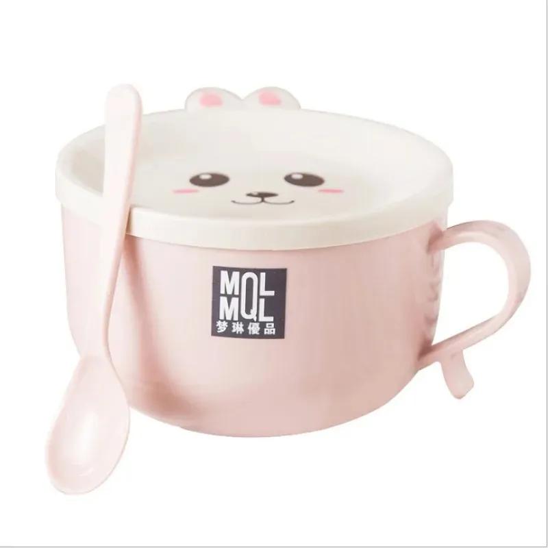 2025 Korean Stainless Steel Double-layer Ramen Noodles Bowl Anti-scalding Instant Noodle Bowl Cute Bunny with Lid And Spoon Tableware