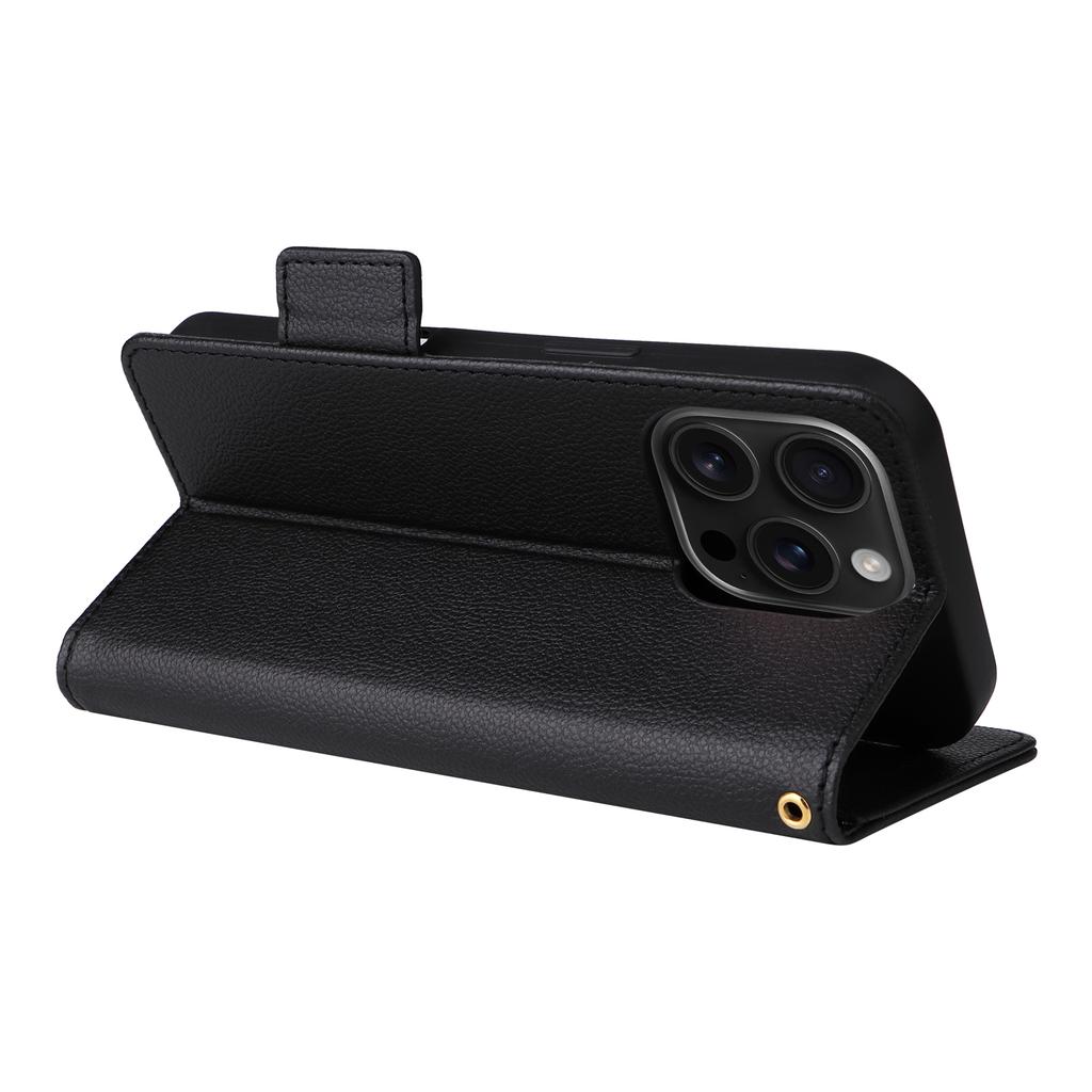 For iPhone 16 Pro Case with Wrist Strap Litchi Texture PU Leather Wallet Phone Cover