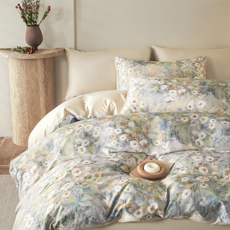 Cold Silk Cool Bedding Set Four-piece Set Oil Painting Style Skin-friendly Breathable Comfortable Bed Sheet Quilt Cover Pillowcase