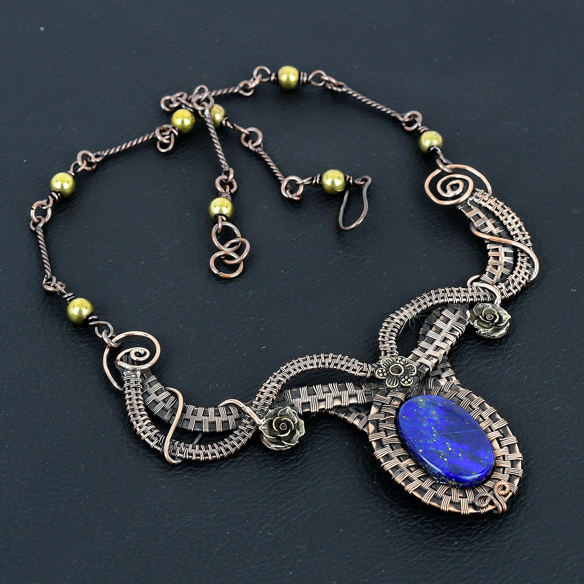 

Ожерелье из лазурита, украшения ручной работы, ожерелье, обернутое медной проволокой 999 пробы, дизайнерские украшения с драгоценными камнями, ожерелье с регулируемой цепочкой, подарок для мамы