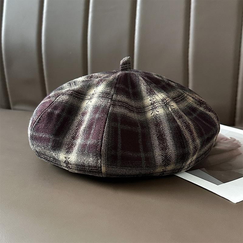 Plaid Beret Children'S Season Big Head Circumference Showing Face Small Pumpkin Hat Retro Literary Temperament Painter Hat