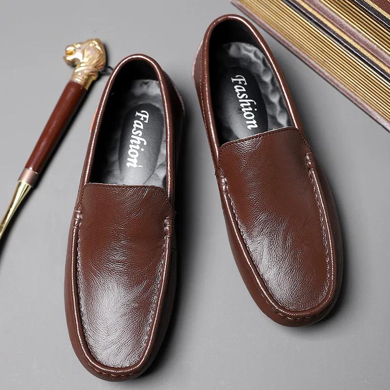 2025 Genuine Leather Men Casual Shoes Luxury Brand Soft Mens Loafers Breathable Slip on Black Driving Shoes Plus Size