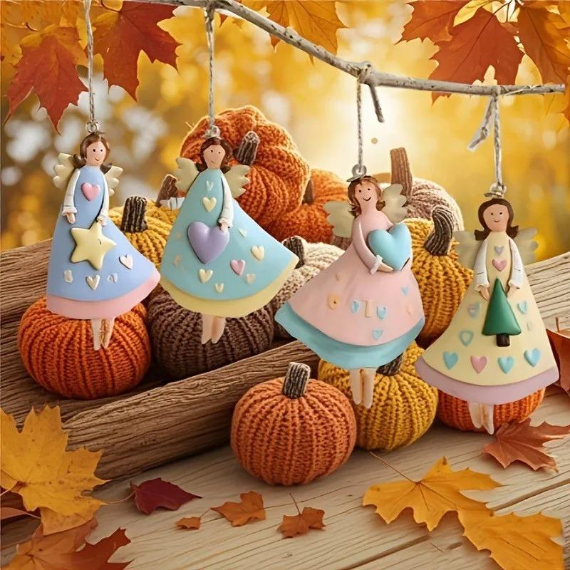 4PCS/Set Vintage Angel Hanging Decor Fantasy Wooden Xmas Tree Hanging Ornament 2026 New Year Gift 2025 Navidad Party Decoration