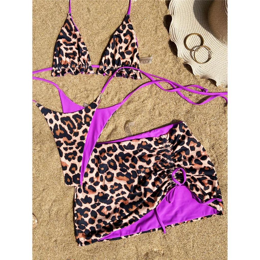 Dwustronny dwuczęściowy strój kąpielowy bikini w panterkę dla kobiet, strój kąpielowy dla kobiet, trzyczęściowy zestaw bikini, strój kąpielowy