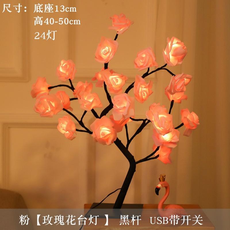 24 LED Red Rose Tree Lights USB Table Lamp Fairy Flower Night Light for Home Party Christmas Wedding Bedroom Decoration Gift