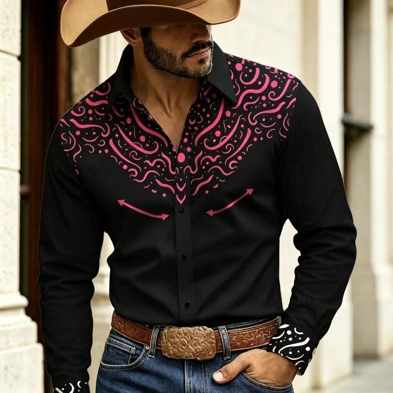 Retro floral 3D printed men's shirt, Western denim button up long sleeved shirt, men's lapel casual fashion shirt, plus size