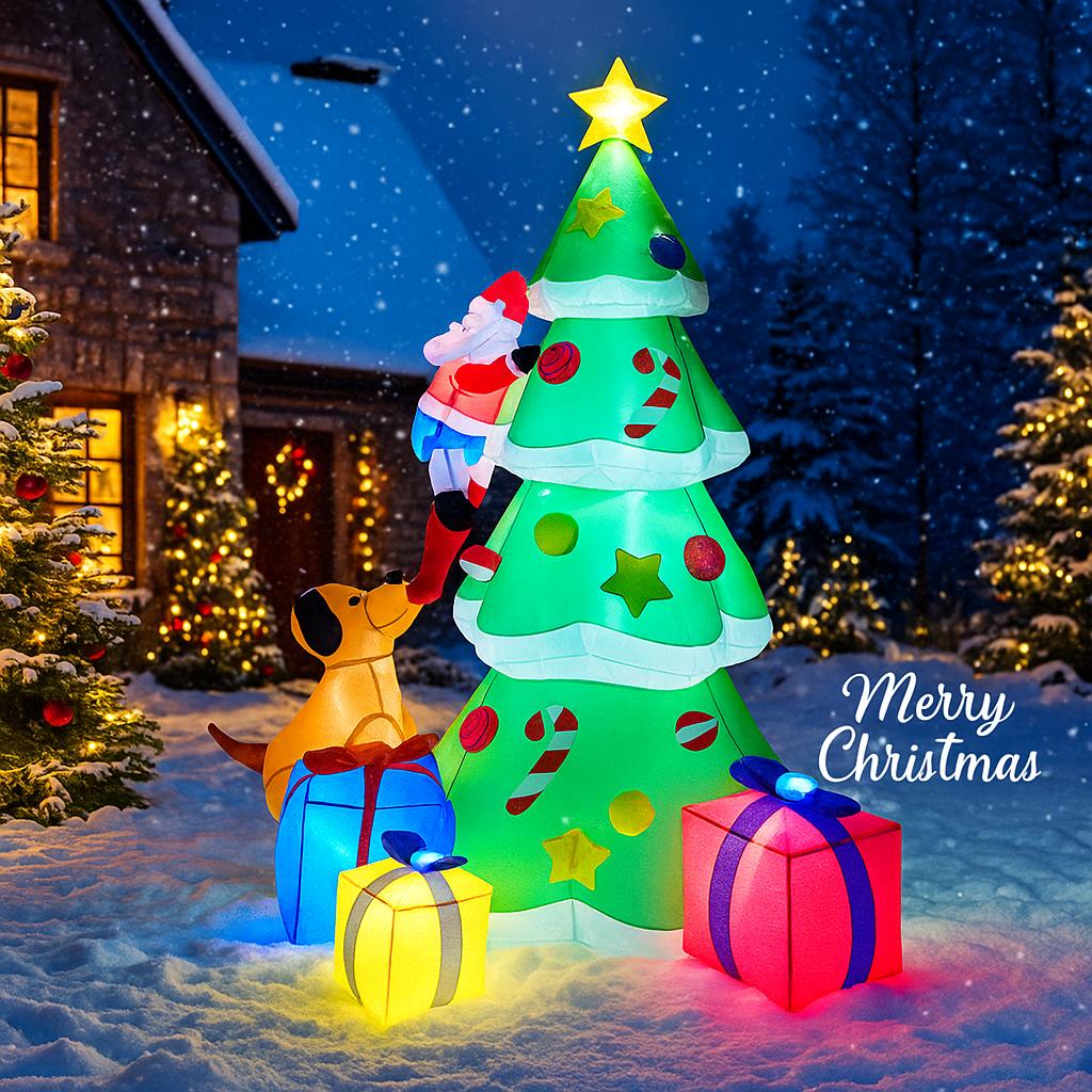 6.8FT LED Inflatable Xmas Yard Decor Santa Climbing Tree with Dog Gift Boxes Christma Decoration Supplies Home Ornament Toy Gift
