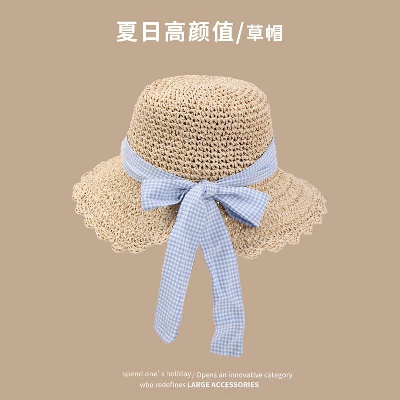 New French Floral Bow Straw Hat Women's Summer Seaside Beach Vacation Big Eaves Sunshade Sun Hat
