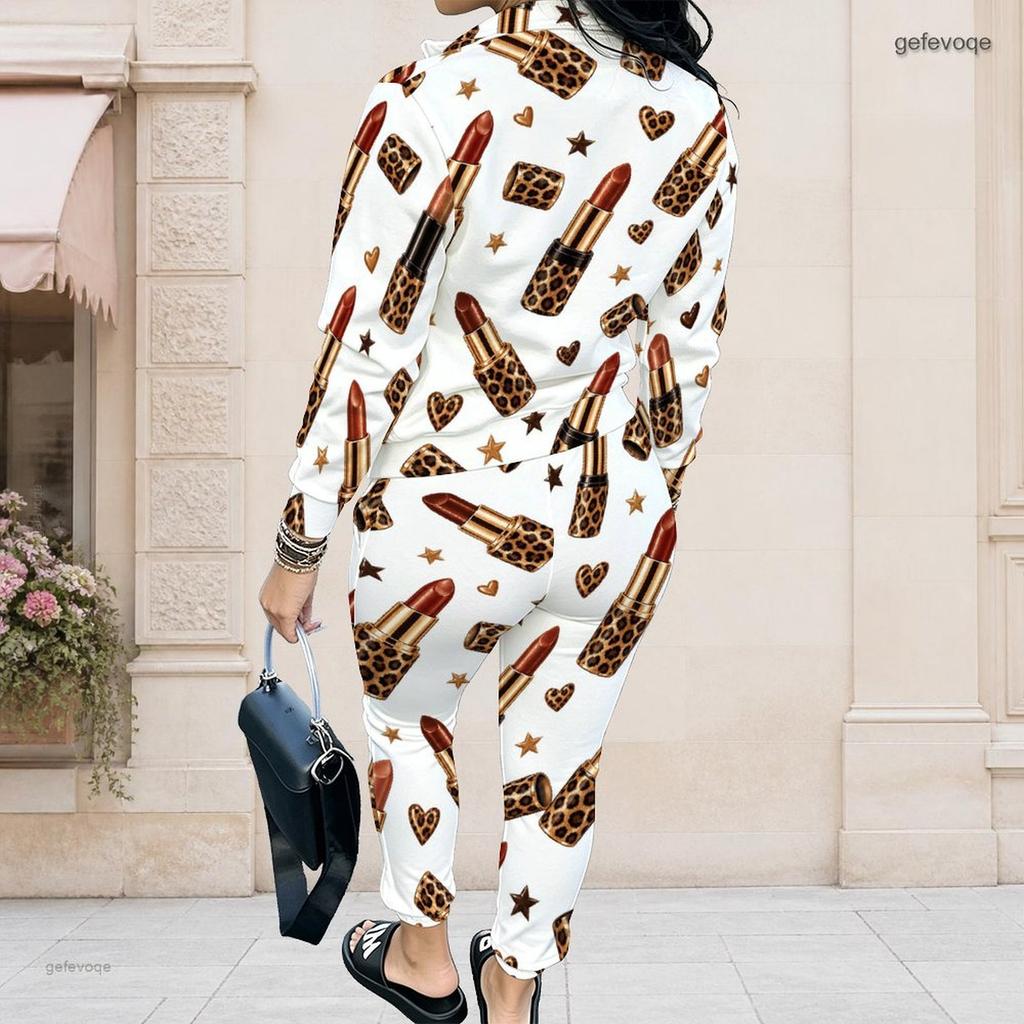 Women Plus Size White Printed Long Sleeve Zip Front Jacket And Long Pants Set