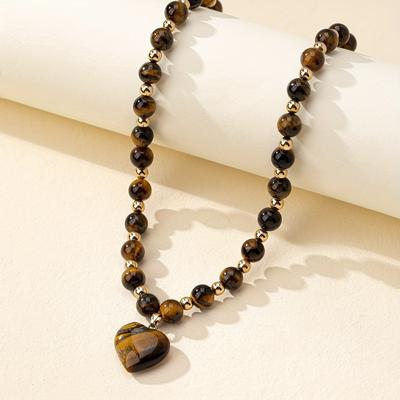 Luxurious Tiger Eye Stone Beaded Necklace for Women Men Heart Pendant High Quality Choker Elegant Style Jewelry Accessories Gift