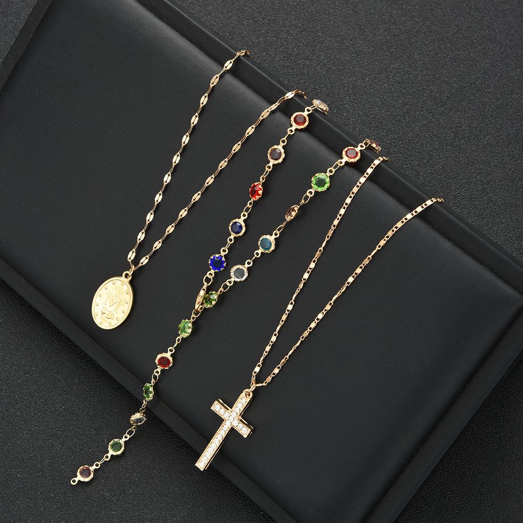 3pcs Vintage Cross Pendant Y-Necklace Set for Women Bohemian Colorful Crystal Zircon Multi-Layer Necklaces Daily Dating Jewelry
