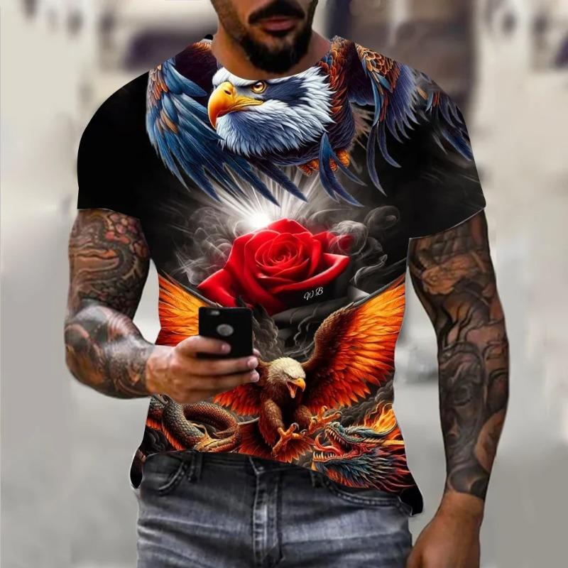 Loose Casual Plus Size Men's Short Sleeved T-shirt Eagle Soaring Print Fashionable Daily Comfortable Personalized T-shirt