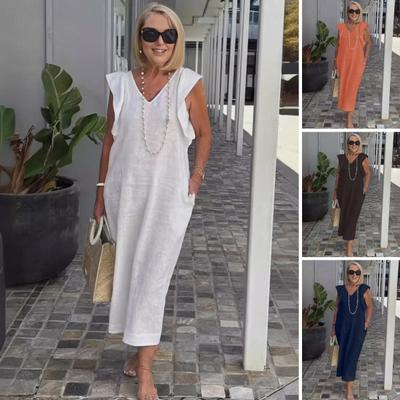 Letní dámské šaty s výstřihem do V, volné jednobarevné létající rukávy Bohémské postranní kapsy Délka do půli lýtek Měkké prodyšné Beach Holiday Midi šaty
