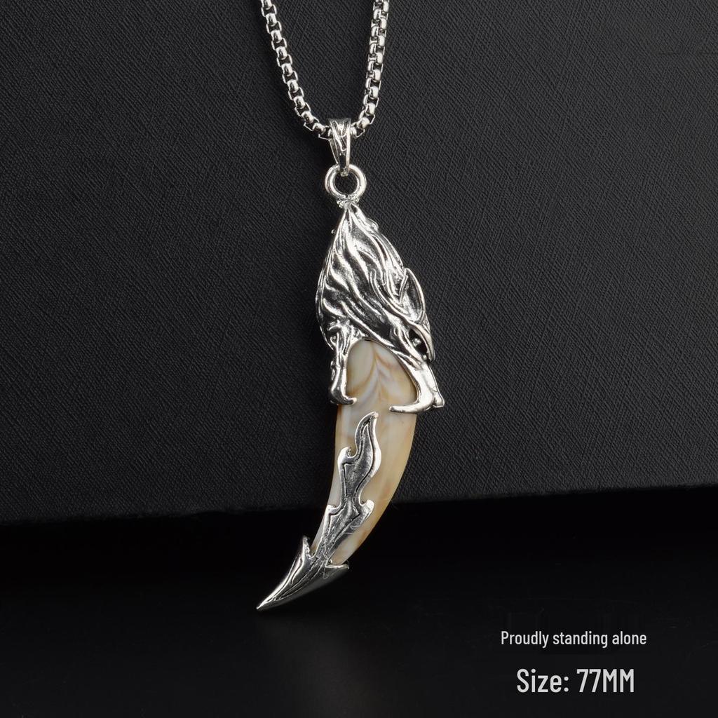 Men's Tibetan Faux Wolf Tooth Pendant Necklace, Titanium Steel Chain, Nepalese Style