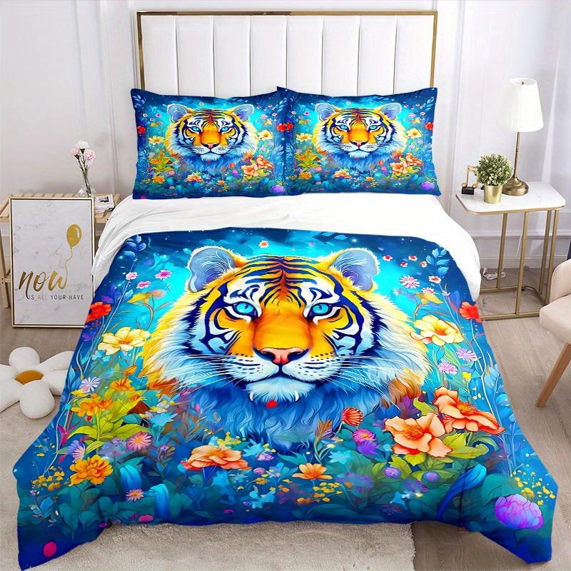 3pcs Tiger Flowers Soft Comfortable Bedding Set, For Bedroom, Guest Room And Dorm, All - Season Use, High-Definition Printing189