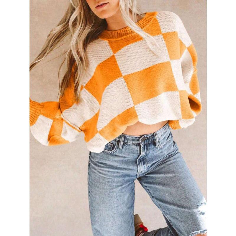 Koszula z długim rękawem w kratę, sweter z okrągłym dekoltem