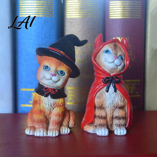Little Red Riding Hood Cat Halloween Figurine Resin Miniature Statue Desktop Animal Ornaments Wizard Statue with Witch Hat/Cloak/Pumpkin Lamp Design