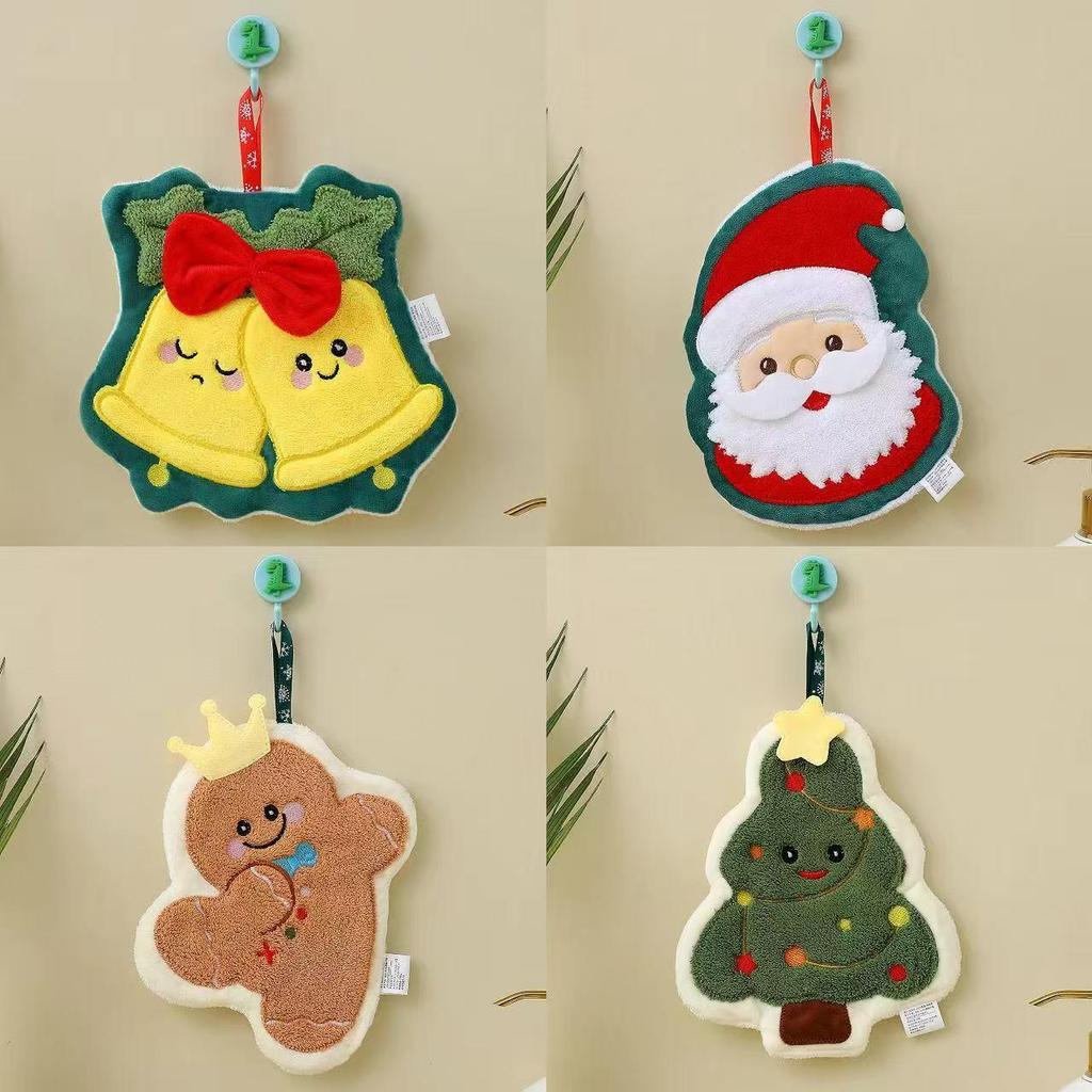 Adorable Christmas Hangable Absorbent Hand Towel - Thick Cartoon Washcloth for Bathroom and Kitchen