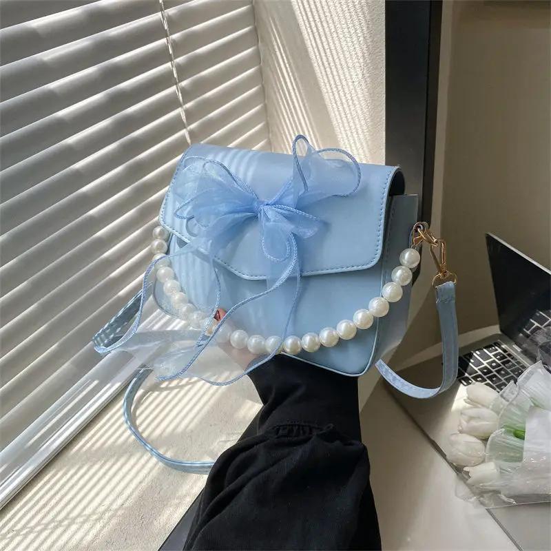 Fashi Lace Bow Single Shoulder Handbag, Korean Fairy Gentle Style Pearl Crossbody Bags, Versatile for Commuting and Banquets