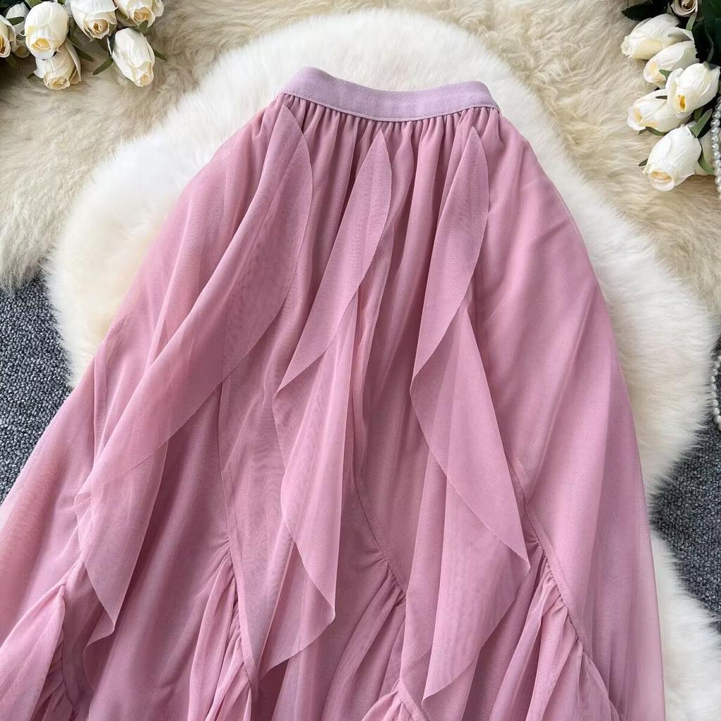 Letní Dámská Elegantní Sukně s Vysokým Pasem, Volánky, Síťovaná, Dlouhá Midi, Nepravidelná Tylová