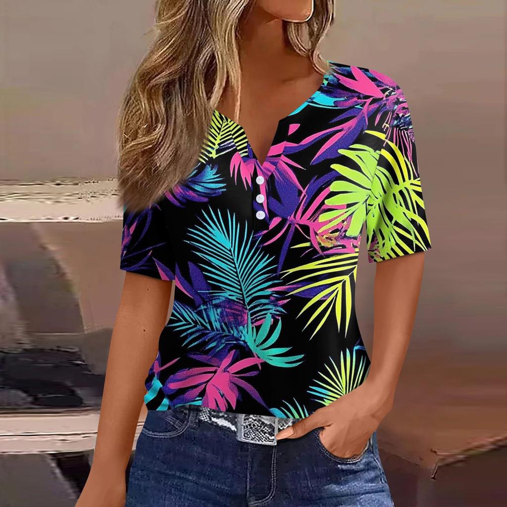 Women's T Shirt Print Button Short Sleeve Daily Weekend Fashion Basic V- Neck Regular Top