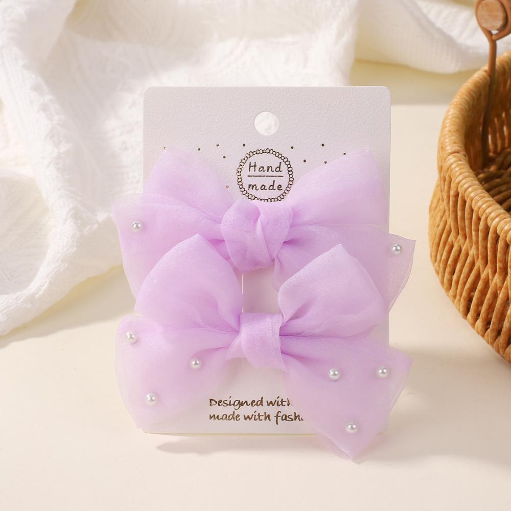 2Pcs/Set Pearl Bows Hair Clips Cute Sweet Girls Side Clip Solid Color Hairpin Handmade with Bow Hair Accessories Headdress Gifts