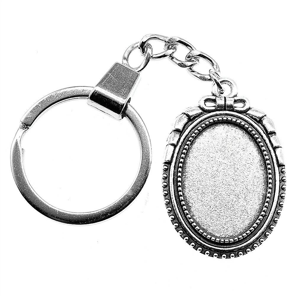 Heart Elliptical Glass Cabochon Base Setting Tray Blank Antique Bronze Metal Keychain for Family Gift