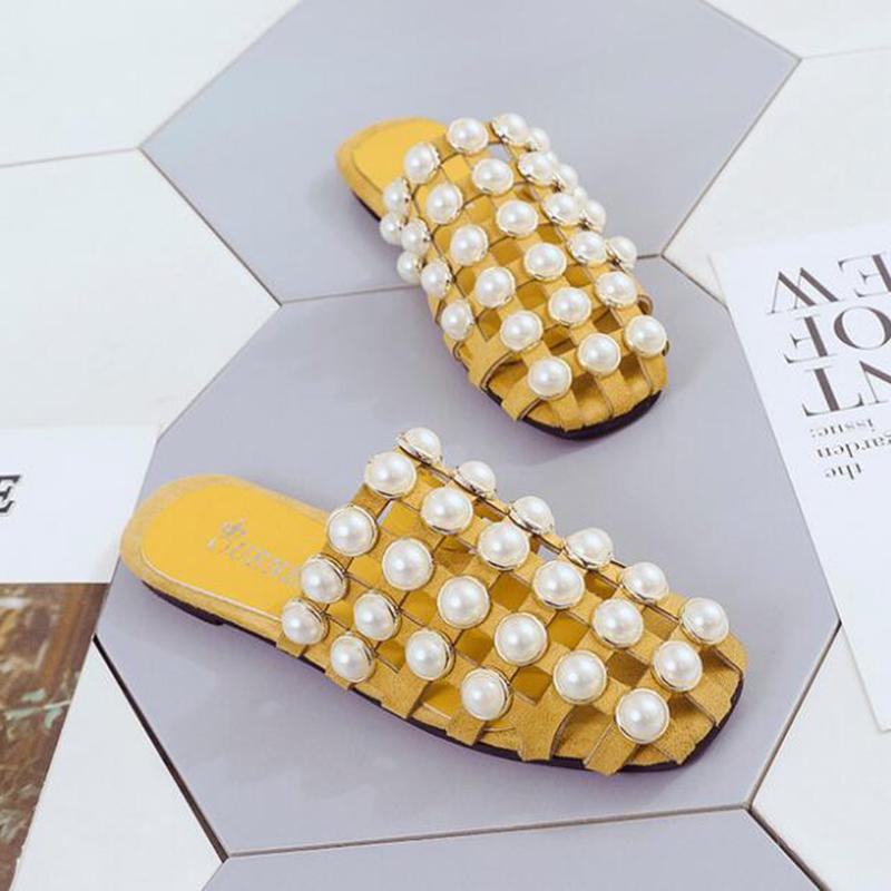 Summer Beach Sandals Shoes Pearl Sandals Thin Belt Flat Women Casual Flat Slippers Women