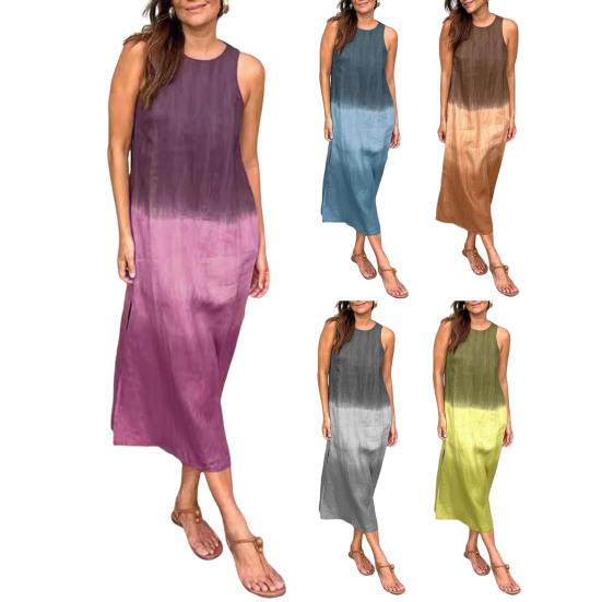 Summer Cotton Linen Dress for Women Casual Sleeveless Tunis Maxi Tank Dress Side Slit Beach Sun Dress
