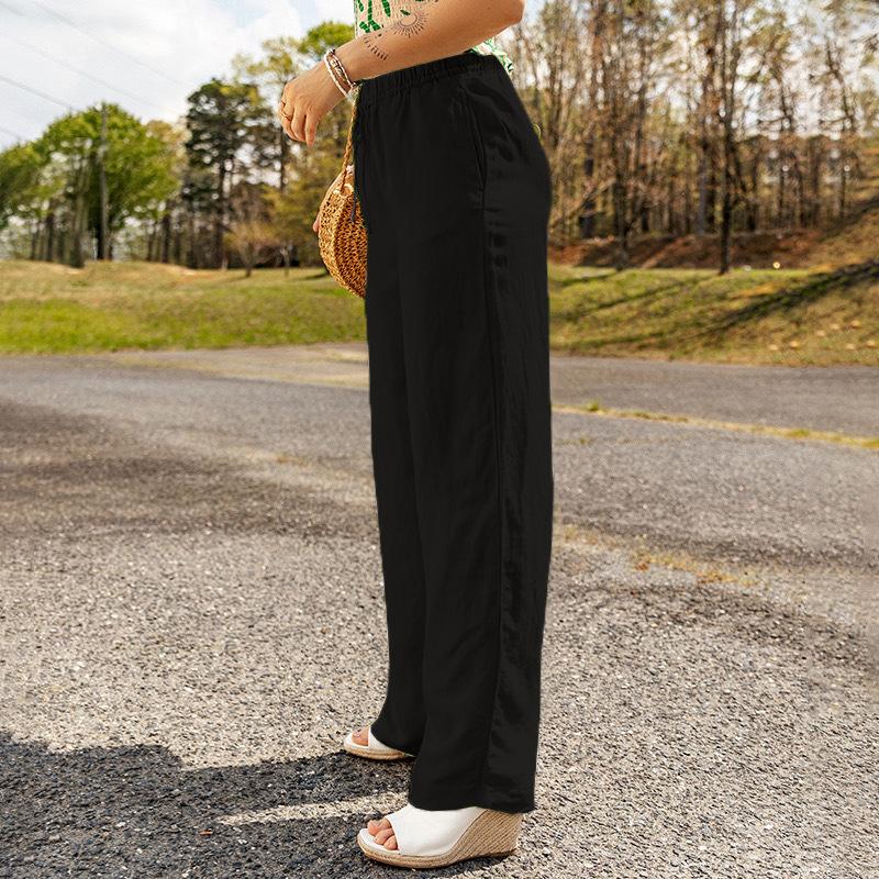 Women's Trousers Solid Color Casual Pocket Loose Elastic Waist Strap Cotton Linen Straight Trousers