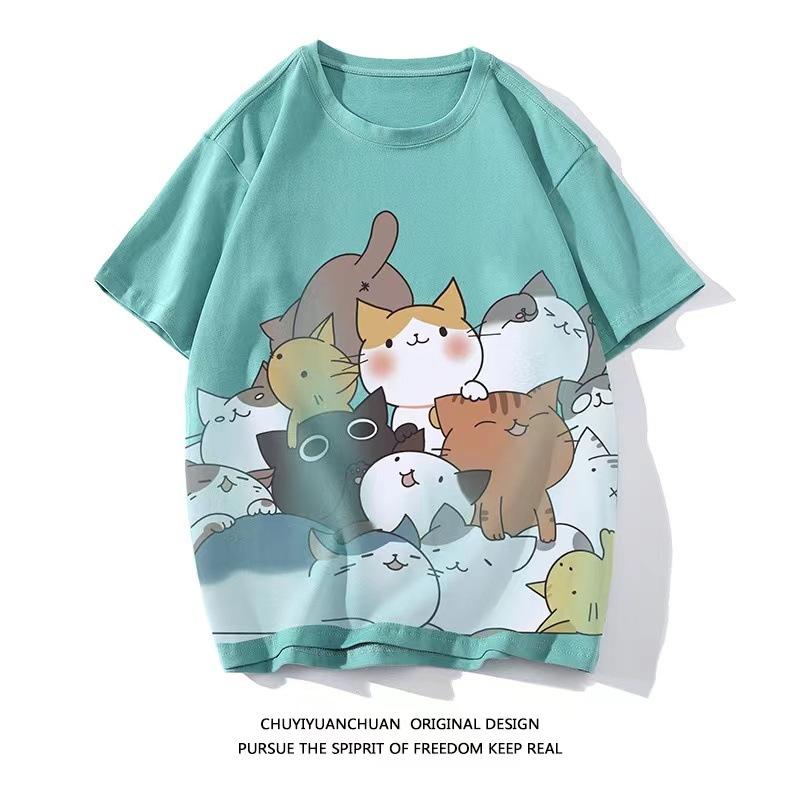 Men Cute Cat Print Short Sleeve T Shirt Casual Loose Fit Summer Streetwear Top