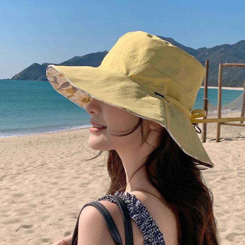 Korean Summer Large Brim Printed Double-Sided Fisherman Hat Women's Sun Hat Fashionable Outdoor Protection Cap