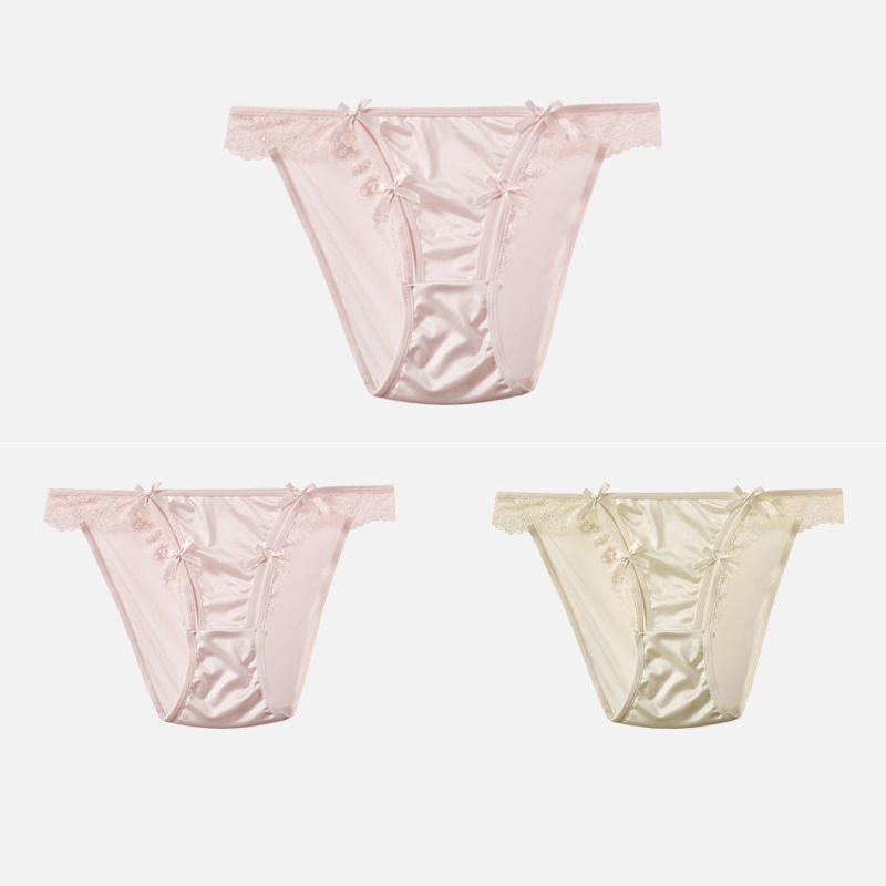 CINOON 3Pcs/Lot Women's Satin Sexy Briefs Lace‑Trim Mesh Spliced Panties Bow‑decor Solid‑Color Hollow‑out Bikini Briefs