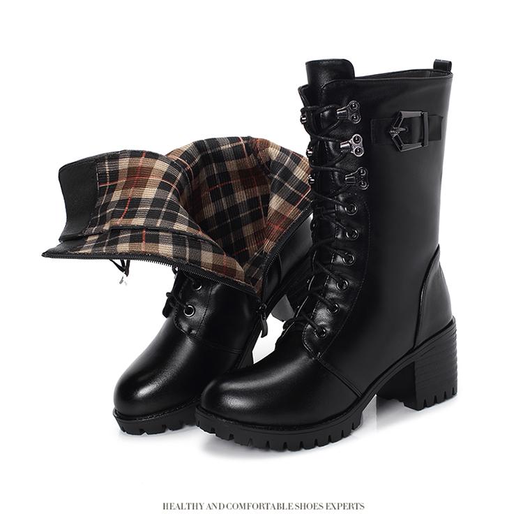 Fashion GKTINOO Boots Women Genuine Leather High-heeled Large Size Motorcycle Boots Women New Wool Warm Winter Boots for Women