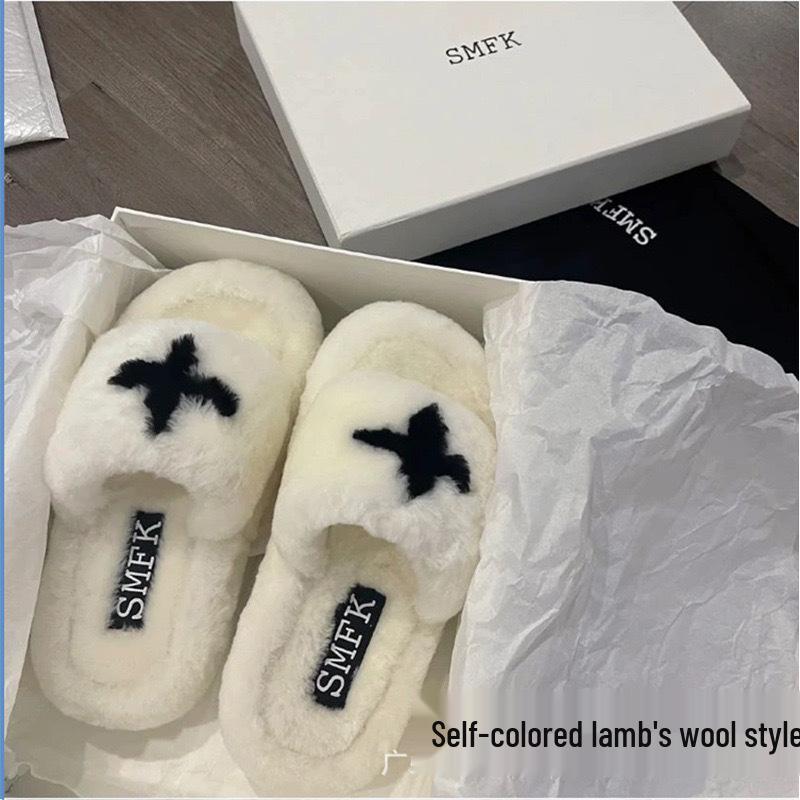 2024 High-Version SMF-K Fur Slippers: Thick-Soled Leather & Velvet Cross Design in Black/Gray
