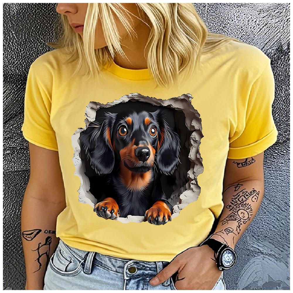 Women's Cotton 100% Interesting Dog Print T-shirt Loose round Neck Casual Short Sleeve Fashion Top Wholesale Clothing Summer