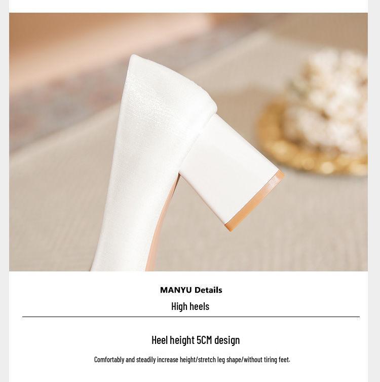 Women's Chunky Heel Satin Bridal Shoes - Pointed Toe with Floral Design for Weddings and Engagements