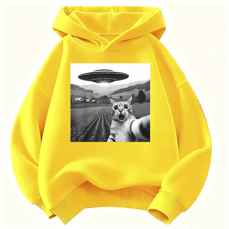 Funny Casual Ufo Cat Children's Sweatshirt Cute Harajuku Hoody for Boys Girls Autumn Spring Casual Hoodies