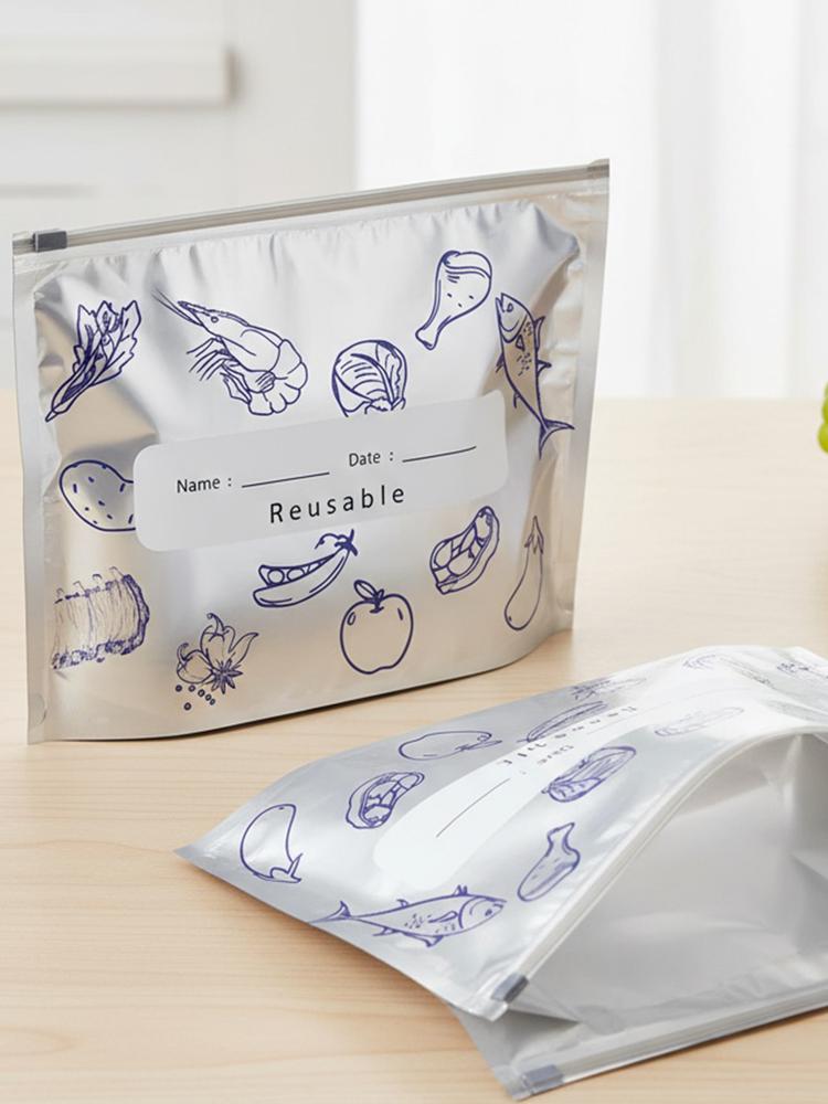 Reusable Aluminum Foil Vacuum Zipper Pouches with Label Freezer Safe & Leak Proof Stand Up Storage Bags for Vegetable Fruit Meat