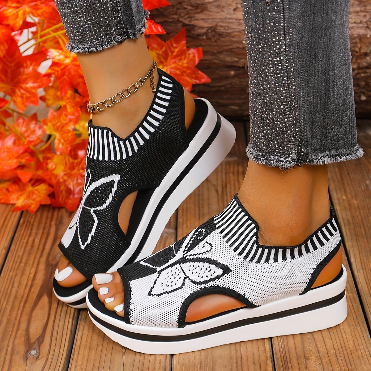 Летние новые женские сандалии с круглым носком на платформе и подошве из сетки, женские туфли, повседневная мода, сандалии больших размеров с синей бабочкой 36