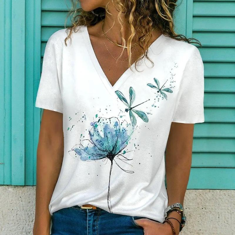 Sommer Damen Kurzarm V-Ausschnitt Oversized T-Shirt für Frauen Weiß Mode Damen T-Shirt 3D Libellen-Druck Top Freizeitkleidung