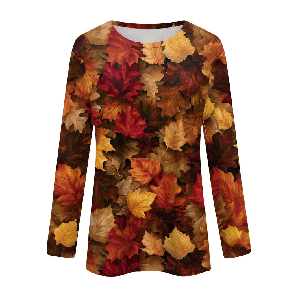 Women's Casual Long Sleeve Leaf Print Neck Blouse