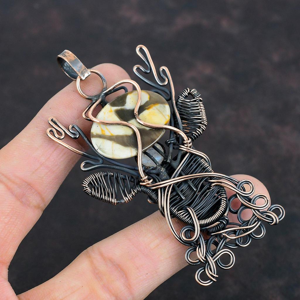 Peanut Wood Jasper Pendant Copper Wire Wrapped Gemstone Jewelry Deer Face Pendant Moonstone Pendant Handmade Jewelry Copper Pendant For Gift