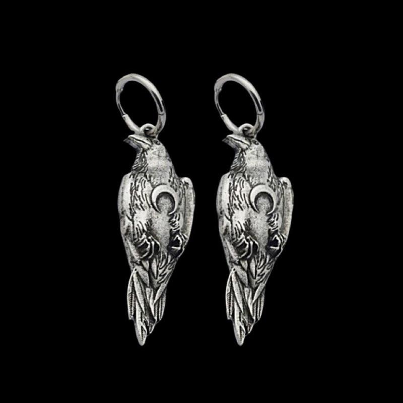 Vikingakråka Halsband & Silverörhängen Set - Nordisk Herrgåva, Hednisk Halvmåne Häxsmycken